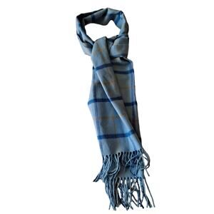 100% Cashmere Made in Scotland Blue & Yellow Plaid Rectangular Scarf w Fringes